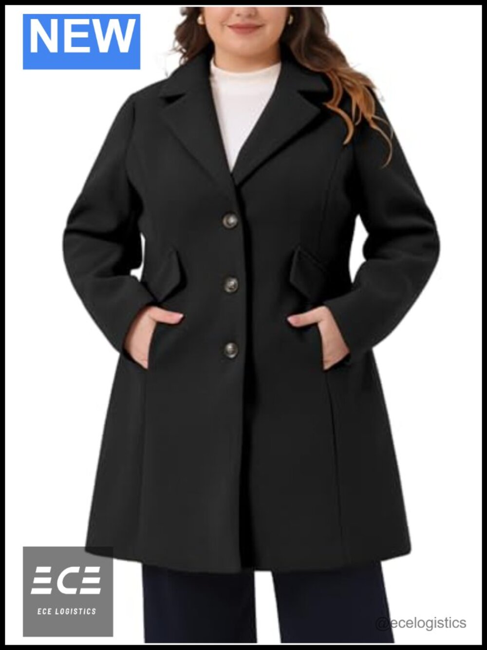 Plus Size Notch Lapel Single Breasted Pea Coat Mid Length Overcoat